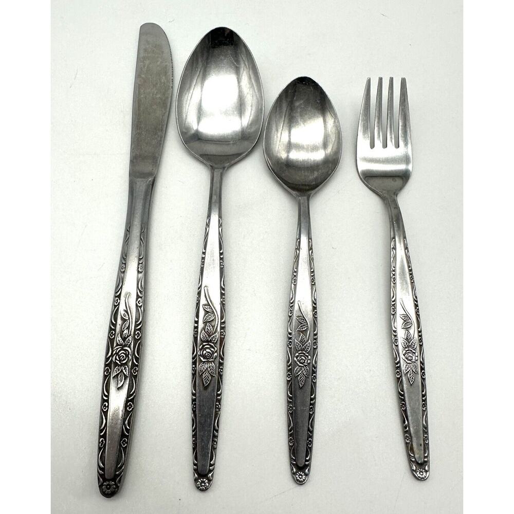 VTG Stylecraft Single Rose T&N Japan Stainless Flatware Knife Fork Spoon